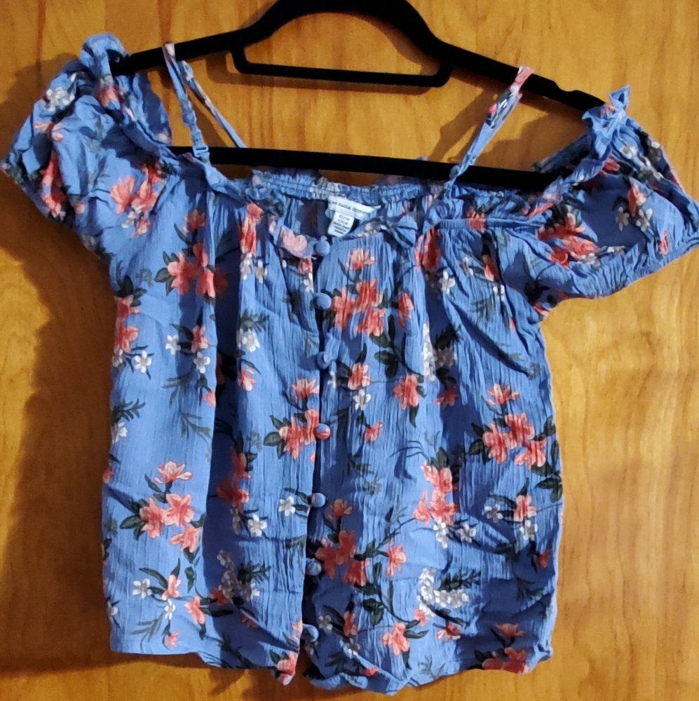 American Eagle Floral Blue Off-Shoulder Top Size XS